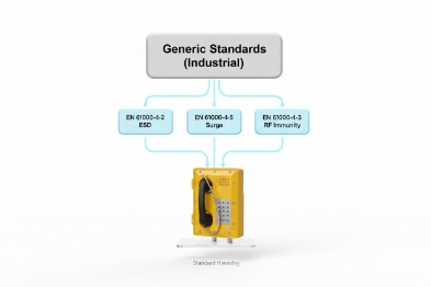 Industrial standards hierarchy for EN 61000 series applied to rugged emergency telephone