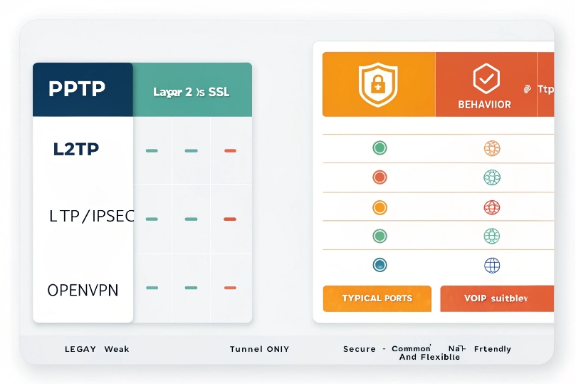VPN protocols comparison chart highlighting PPTP, L2TP, L2TP IPsec and OpenVPN for VoIP
