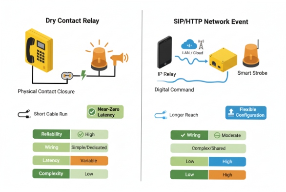 Dry contact relay versus SIP HTTP event diagram for alarm activation