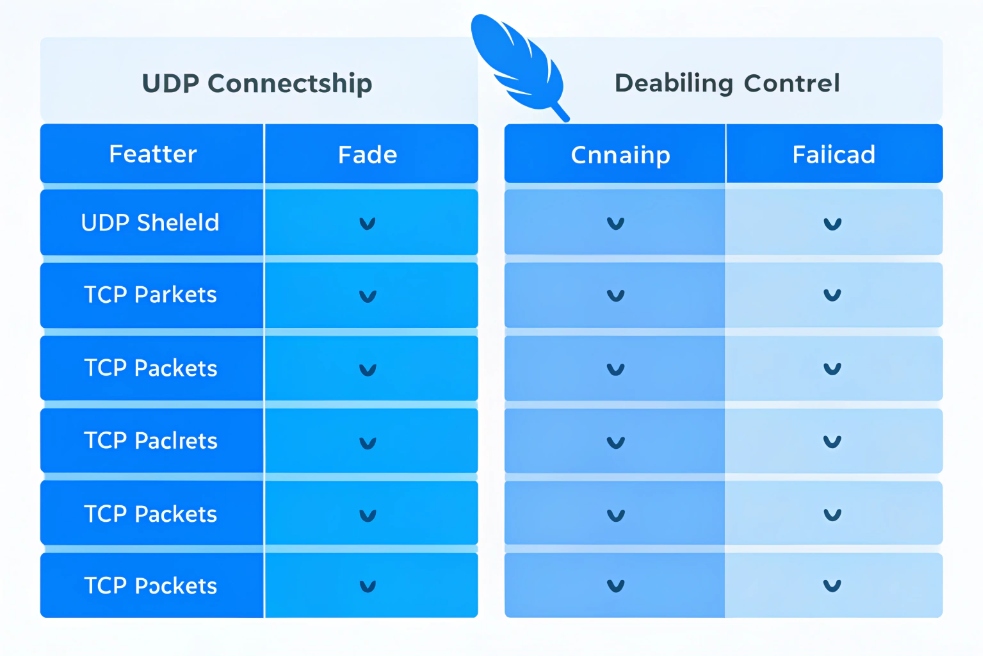 Blue comparison table UI titled “UDP Connectship / Deabling Contrel” with misspelled column and row labels for UDP and TCP packets, representing configurable transport options.