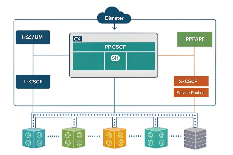 IMS core architecture diagram with P-CSCF, I-CSCF, S-CSCF, HSS and Diameter interfaces