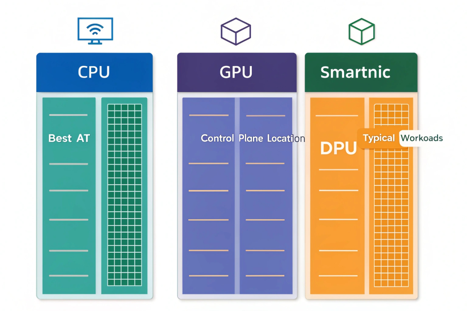 Infographic comparing CPU GPU and SmartNIC DPU workloads in data center