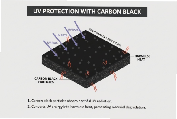 Diagram showing carbon black UV protection reducing polymer enclosure degradation