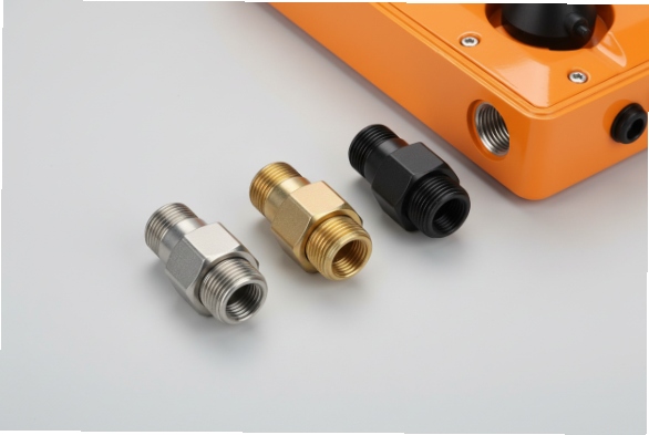 Metal cable gland fittings beside orange weatherproof phone housing with threaded entry port