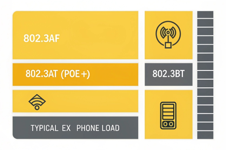 PoE standards chart showing 802.3af, 802.3at PoE+, and 802.3bt for Ex phones