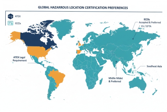 World map showing ATEX and IECEx hazardous location certification preferences by region