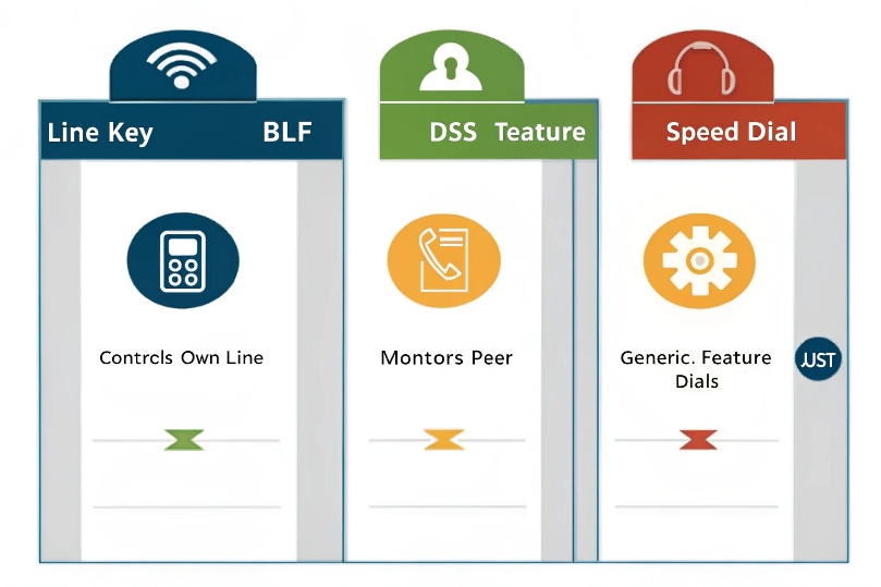 Infographic comparing line key BLF, DSS feature key, and speed dial button functions on VoIP phones