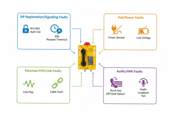Fault categories for explosion-proof SIP phone: SIP PoE Ethernet link audio HMI