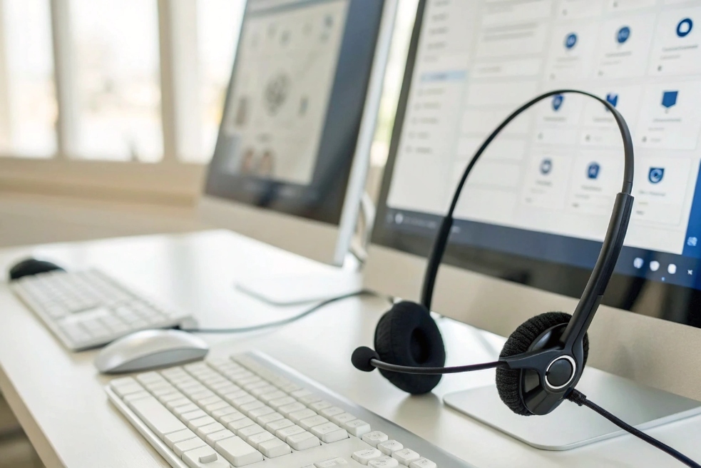 Contact center headsets resting on unified communication desktop screens