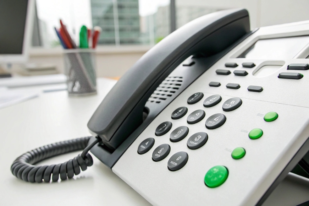 Close-up of office VoIP phone, buttons visible