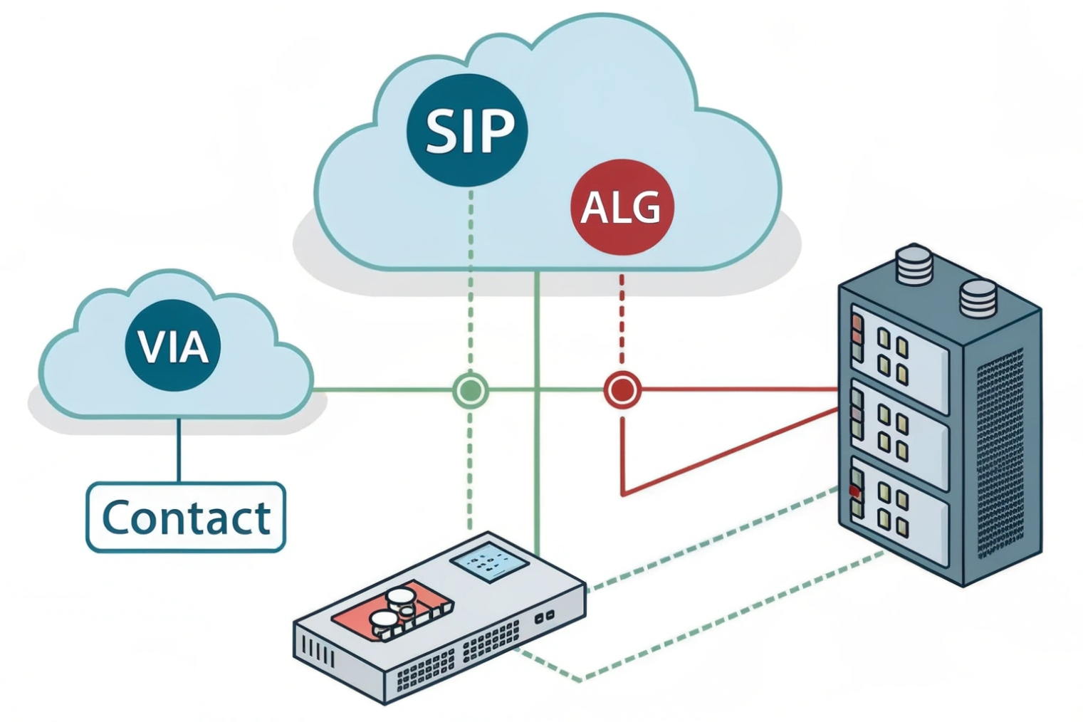Simplified white-background drawing with a small cloud labeled “VIA / Contact” on the left, a larger cloud labeled “SIP / ALG” at the top, a customer-premises gateway at the bottom, and a tall server stack on the right, with green and red lines showing how SIP ALG alters signaling compared to simple VIA/Contact handling