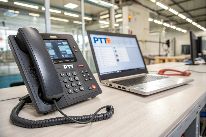 DJSlink PTT SIP dispatch console phone beside laptop in industrial control room