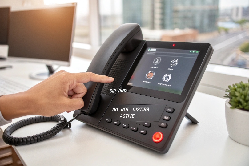 User enabling SIP do not disturb on touch screen IP desk phone