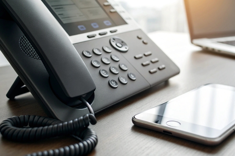Closeup of IP desk phone and smartphone on modern office workstation