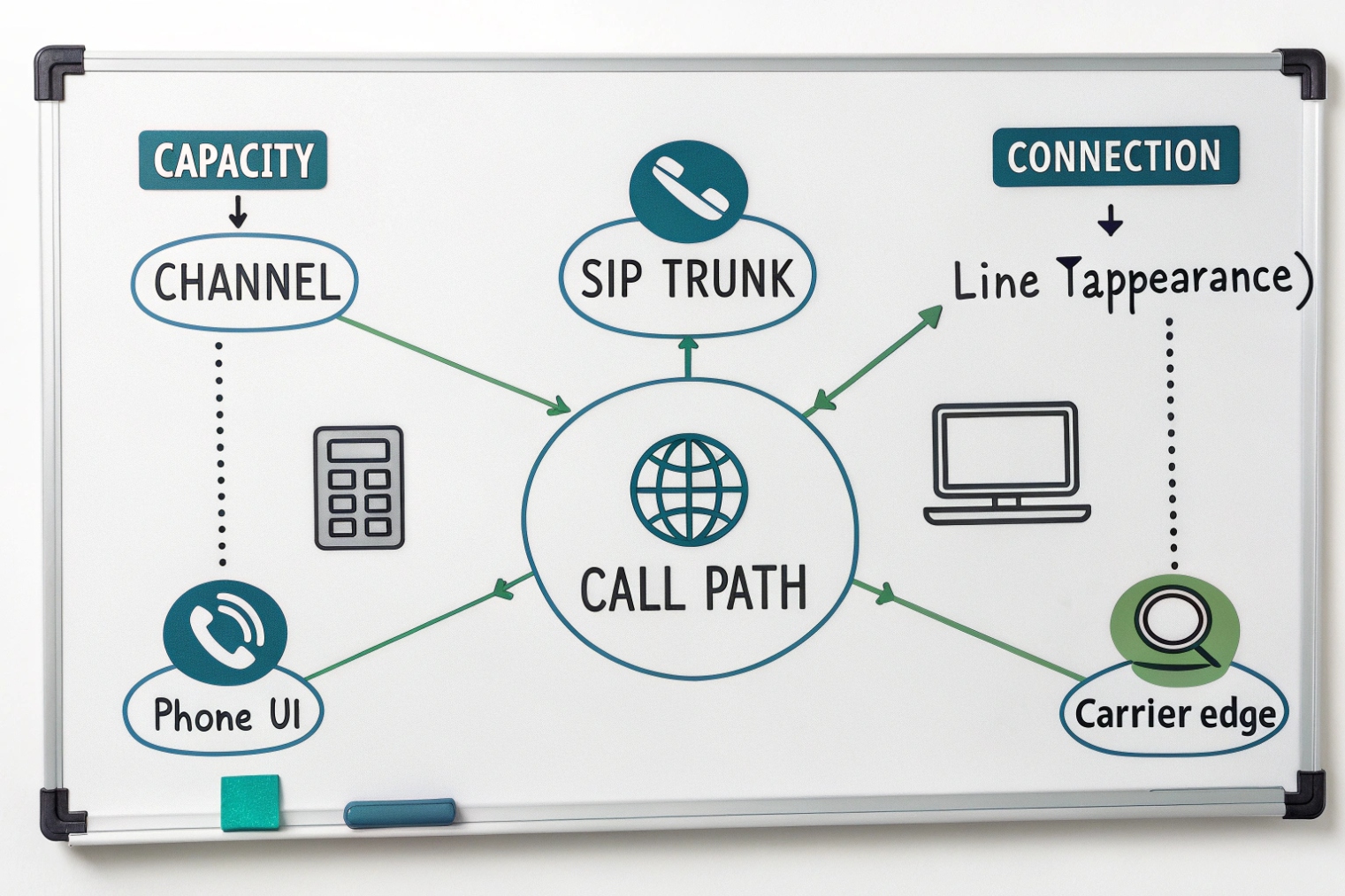 Whiteboard sketch with CALL PATH in the center, arrows to SIP TRUNK, Phone UI, calculator, laptop, and magnifier labeled Carrier edge, plus headings CAPACITY → Channel and CONNECTION → Line appearance
