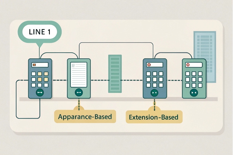 Diagram comparing appearance based and extension based shared line