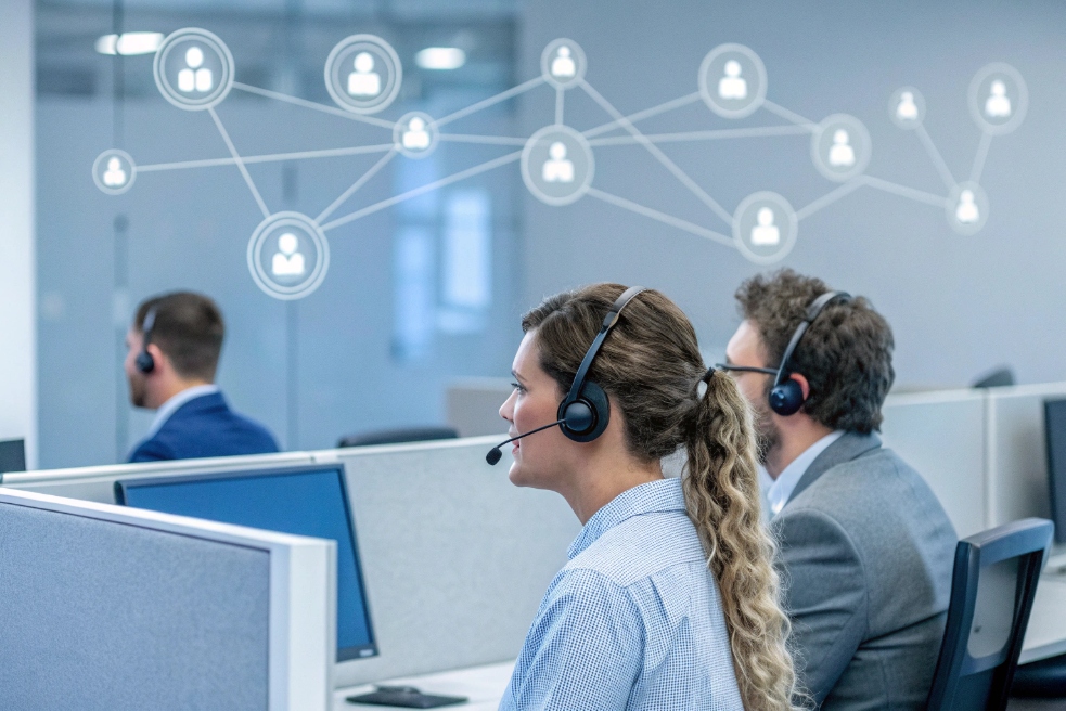 Call center agents with VoIP headsets and customer network icons in background