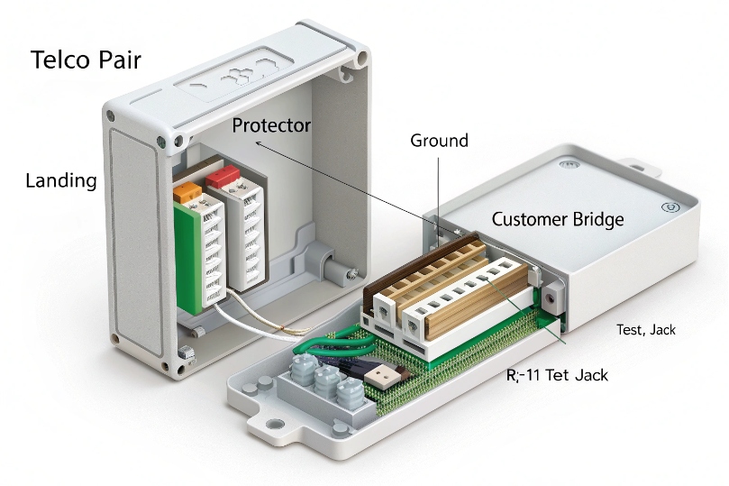 Open telco network interface device showing labeled telco pair landing, protector module, ground connection, customer bridge, and RJ-11 test jack