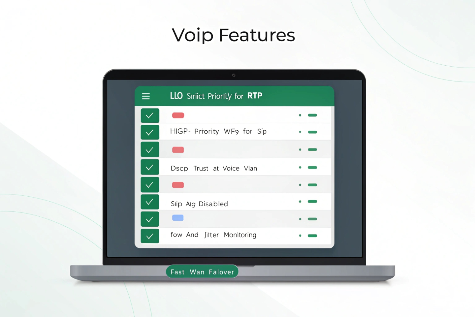 Laptop interface listing VoIP router QoS and RTP priority features