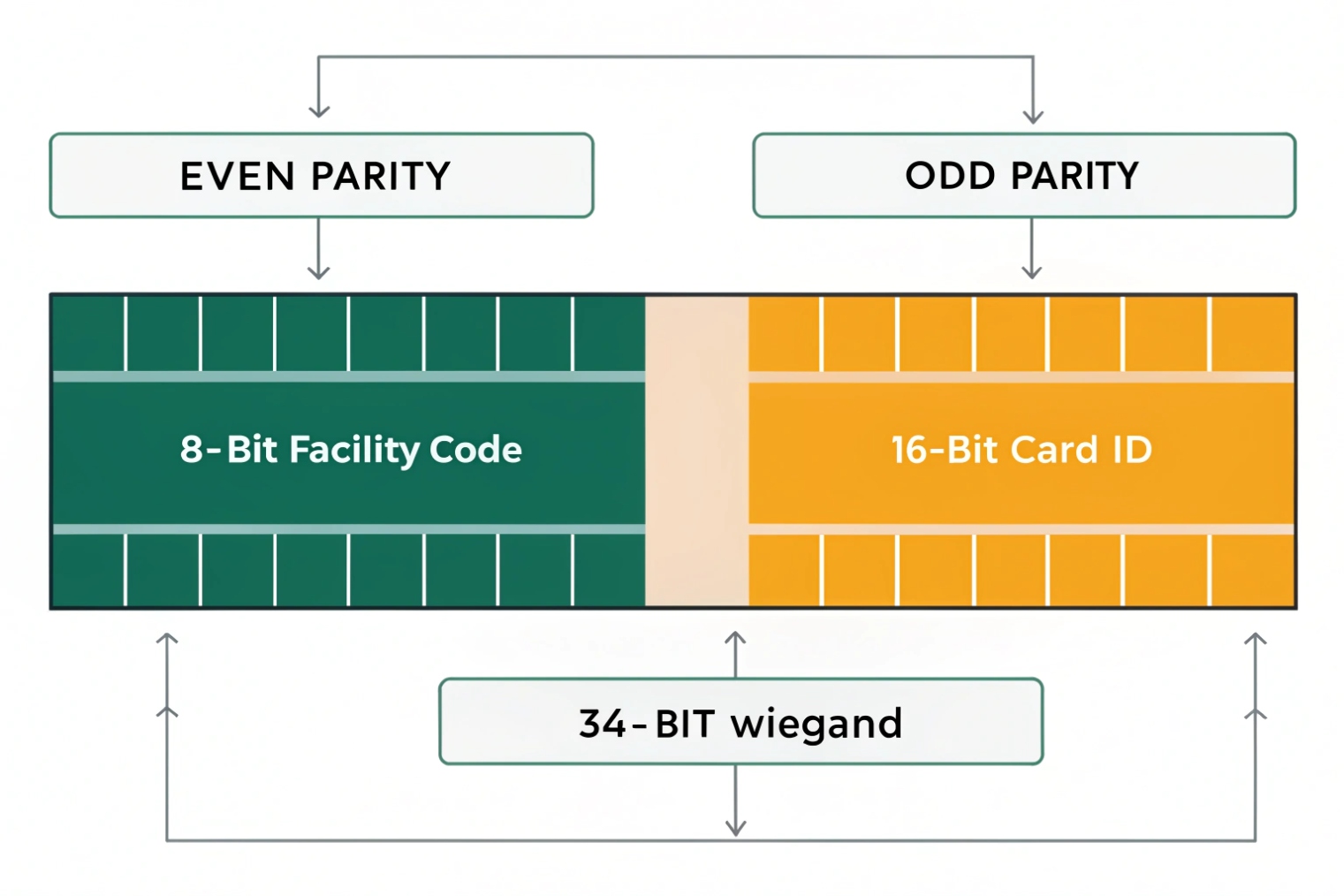 34-bit Wiegand format with parity facility code and card ID fields