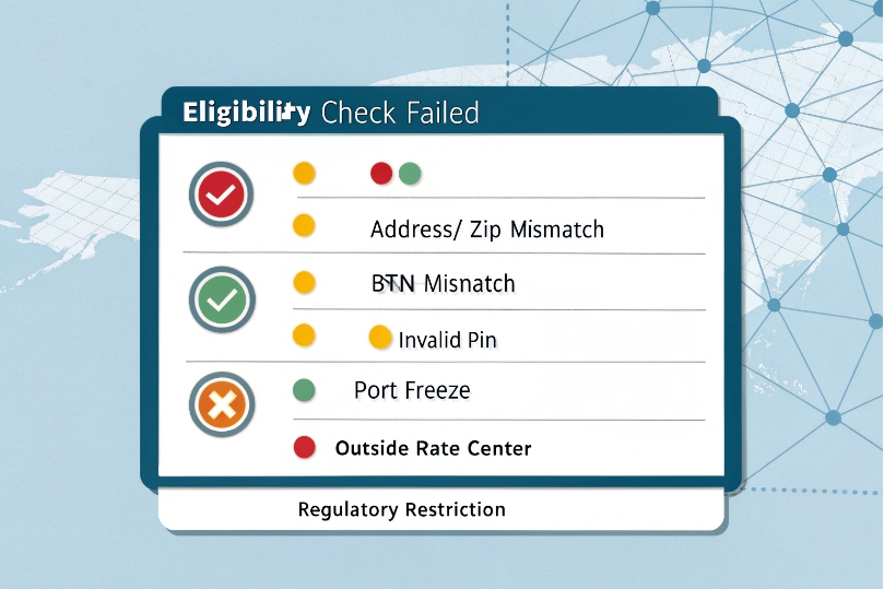 Checklist-style panel titled “Eligibility Check Failed” listing common porting errors such as address/ZIP mismatch, BTN mismatch, invalid PIN, port freeze, and outside rate center with status dots