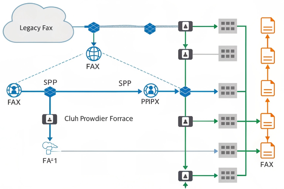 Legacy fax to cloud FoIP routing architecture diagram with gateways users and fax servers