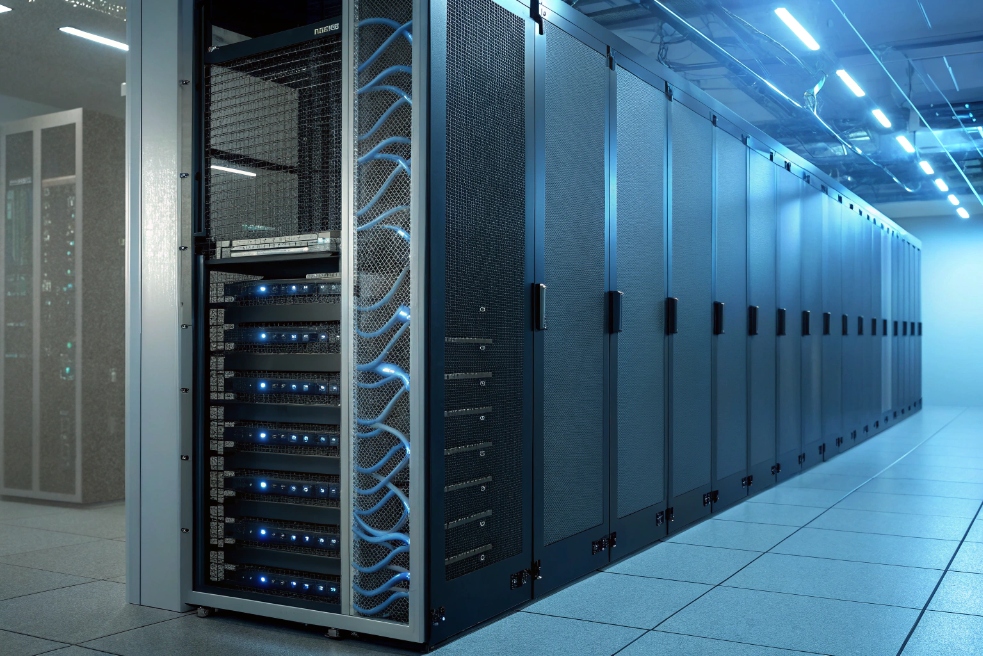 Data center racks Modern data center aisle with network server racks and blue status lights