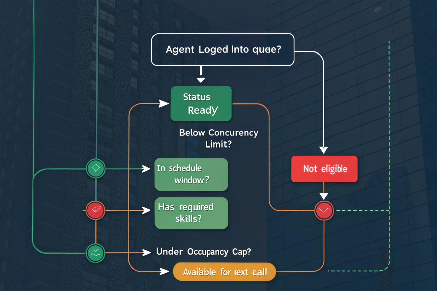 Dark-themed flowchart asking “Agent Logged into queue?” then checking status Ready, concurrency limit, schedule window, skills, and occupancy cap to decide if the agent is available for the next call or marked not eligible