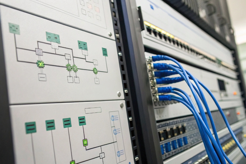 Close-up of server equipment with network cables