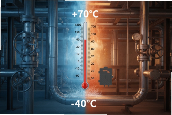 Industrial SIP intercom temperature range graphic from minus forty to plus seventy