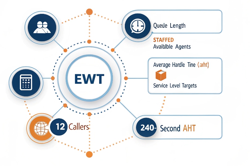EWT expected wait time factors including callers queue length agents AHT and service levels