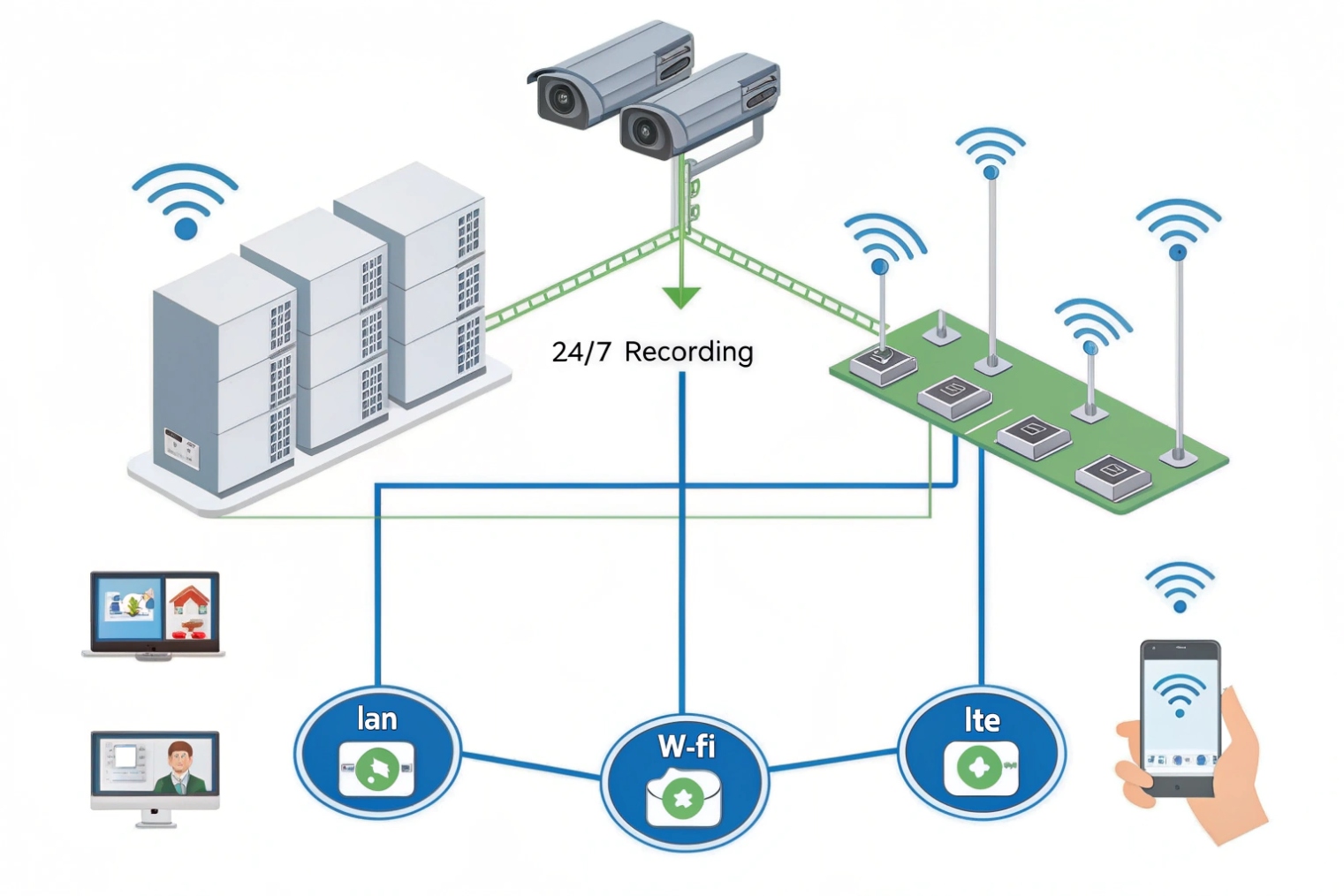 Surveillance cameras 24/7 recording to NVR over LAN WiFi LTE remote monitoring