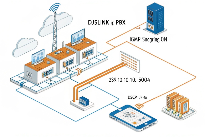DJSlink IP PBX multicast paging network with IGMP snooping enabled and DSCP 40 QoS