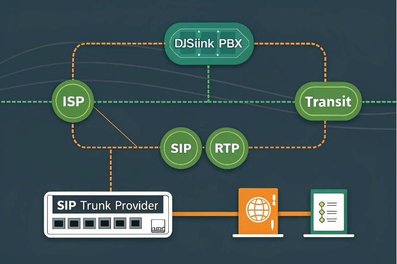 SIP trunk network diagram with DJSlink PBX ISP transit RTP call routing