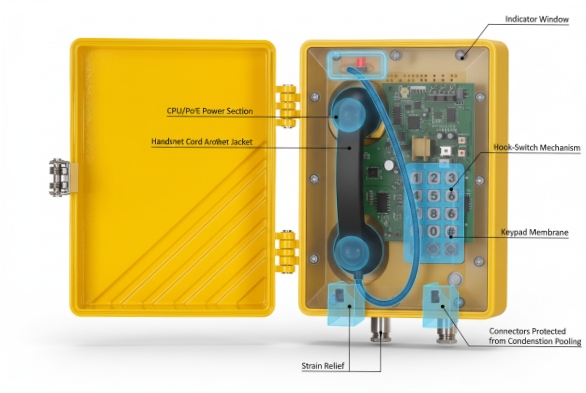 Cutaway view of rugged SIP phone showing CPU PoE section, keypad and sealed connectors