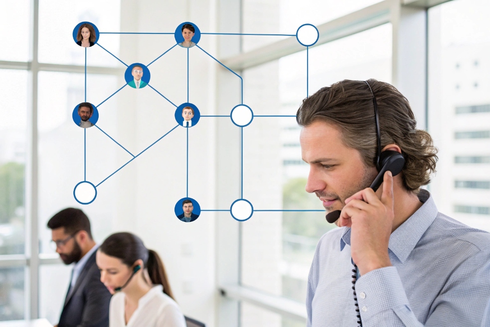 Call center professional managing communication network