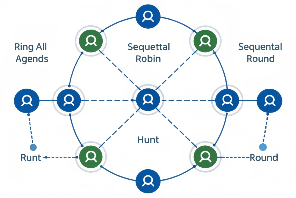 Network diagram showing call routing strategies like ring all agents and sequential robin