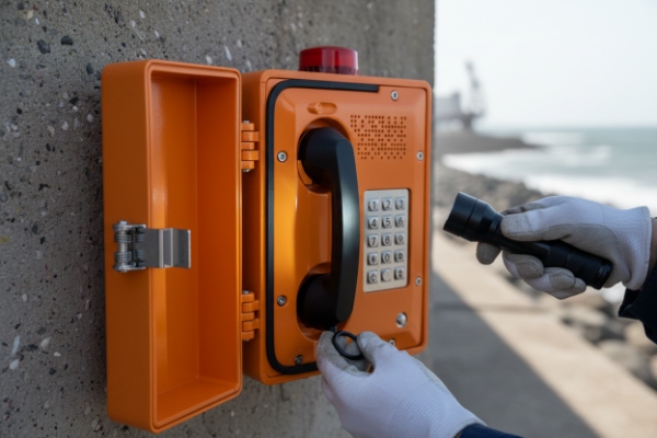 Gloved hands checking handset cable on open orange emergency phone by the sea