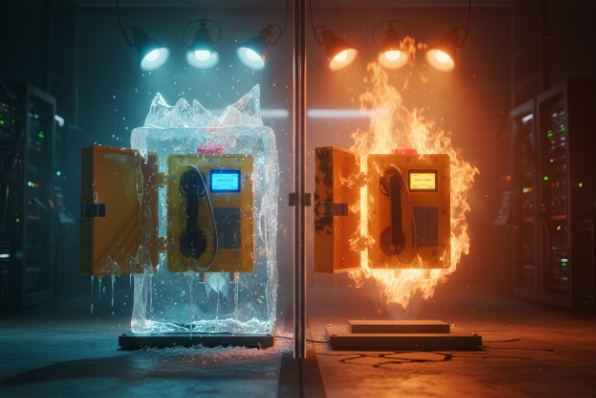 Industrial SIP phone tested for extreme temperature with ice and fire durability demo