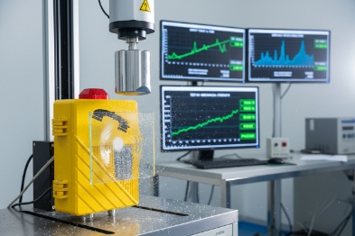 Explosion-proof yellow telephone undergoing lab impact test with monitors displaying performance graphs