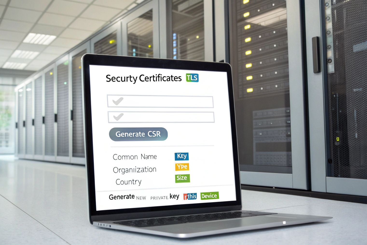 Laptop in a data center showing a “Security Certificates TLS” screen with form fields and a Generate CSR button for creating certificate signing requests