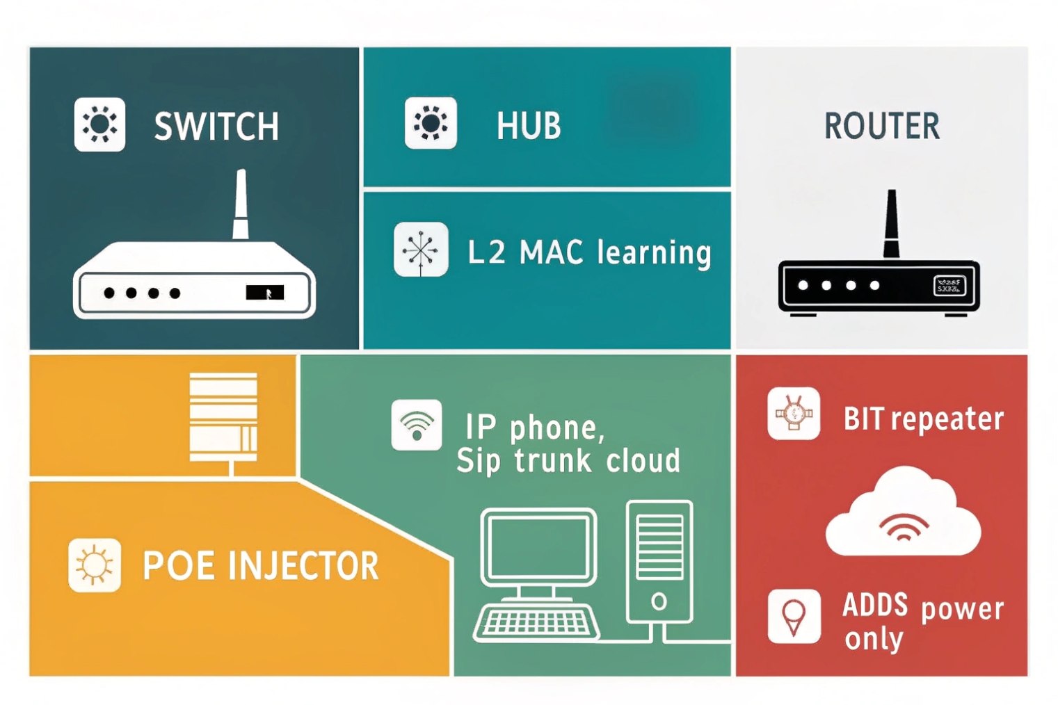 Network devices diagram showing switch, hub, router, PoE injector and SIP cloud phones