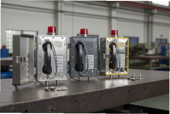 Three rugged SIP industrial phones with different finishes displayed on workshop table