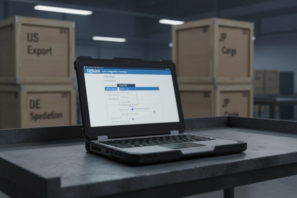 VoIP configuration laptop Rugged laptop running DJSlink VoIP configuration interface in warehouse shipping area