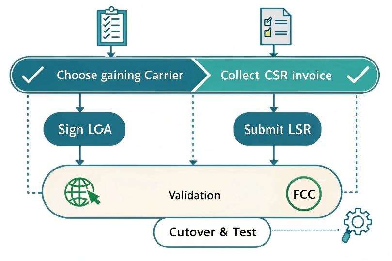 Process flow for porting numbers: choose gaining carrier and collect CSR/invoice, then sign LOA and submit LSR, followed by validation/FCC checks and final cutover and testing