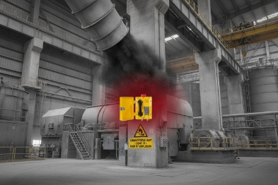 Weatherproof emergency telephone on post in factory with smoke hazard and warning sign