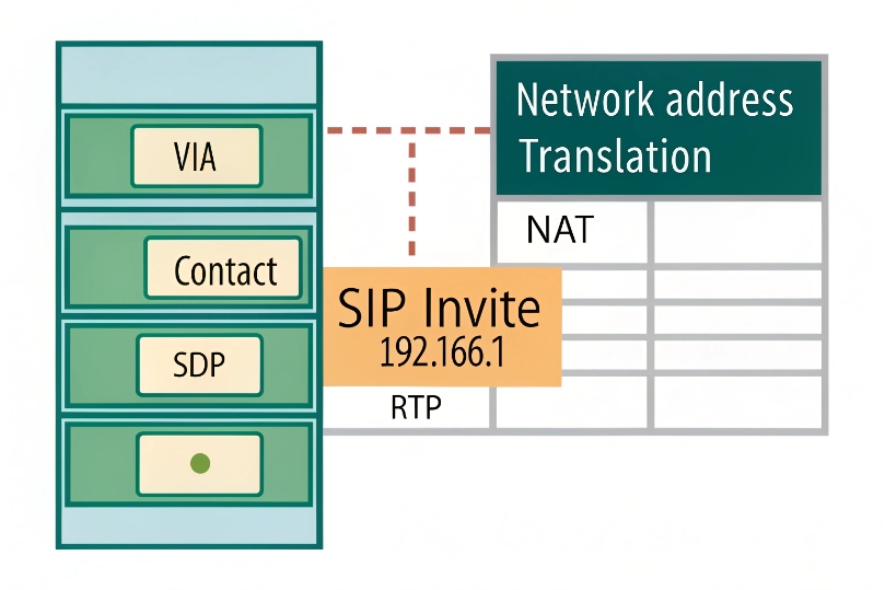 Diagram of a SIP INVITE message highlighting Via, Contact, SDP headers and how NAT rewrites private IP addresses for RTP