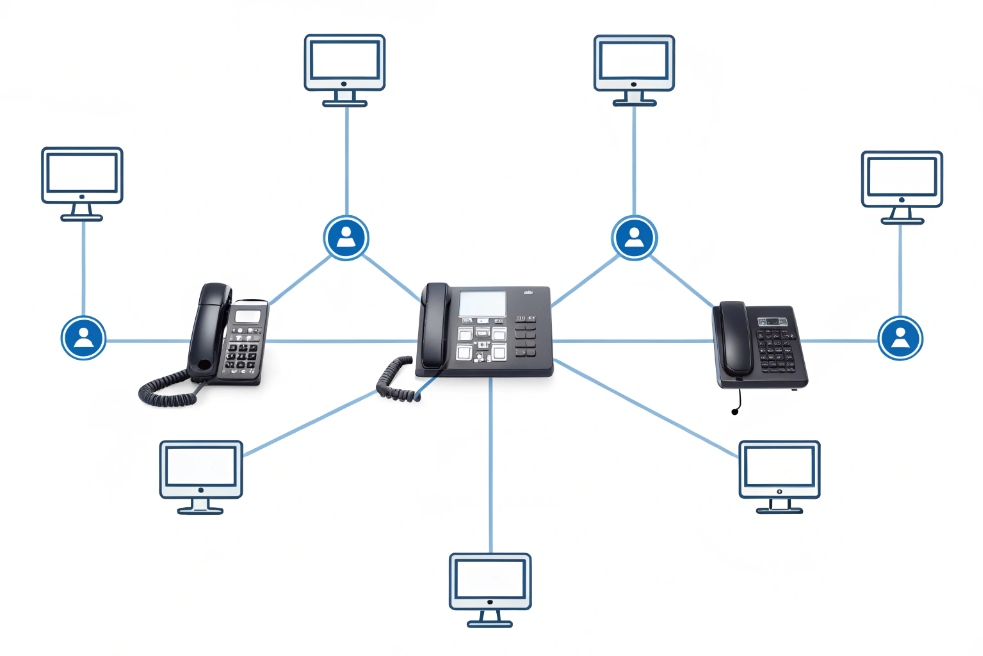 Office IP desk phones interconnected with multiple computers in business VoIP network diagram