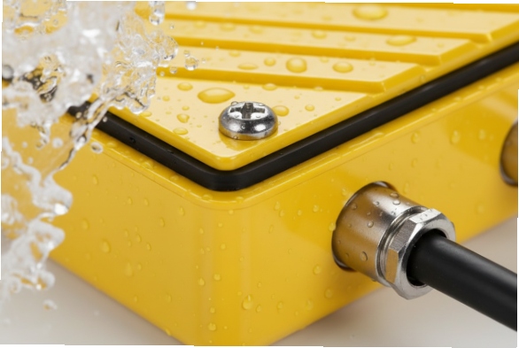 Waterproof yellow enclosure with cable gland and water splash, IP-rated SIP intercom housing
