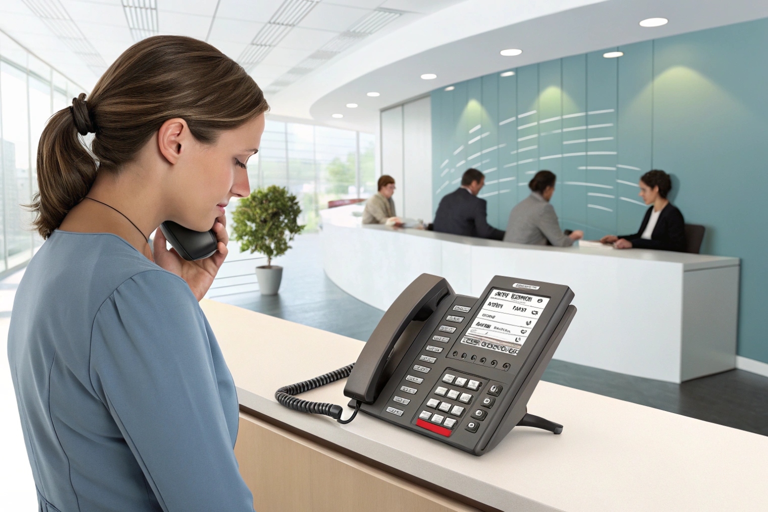 Receptionist answering call on SIP desk phone at corporate front desk